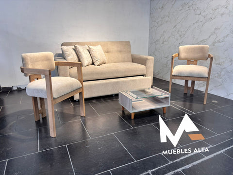 SOFA CAMA MADEIRA CON SILLAS AUXILIARES EN ROBLE