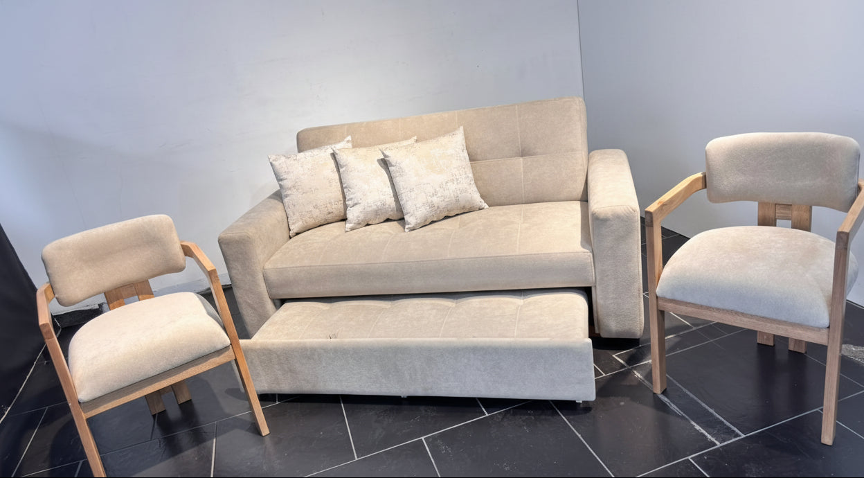 SOFA CAMA MADEIRA CON SILLAS AUXILIARES EN ROBLE