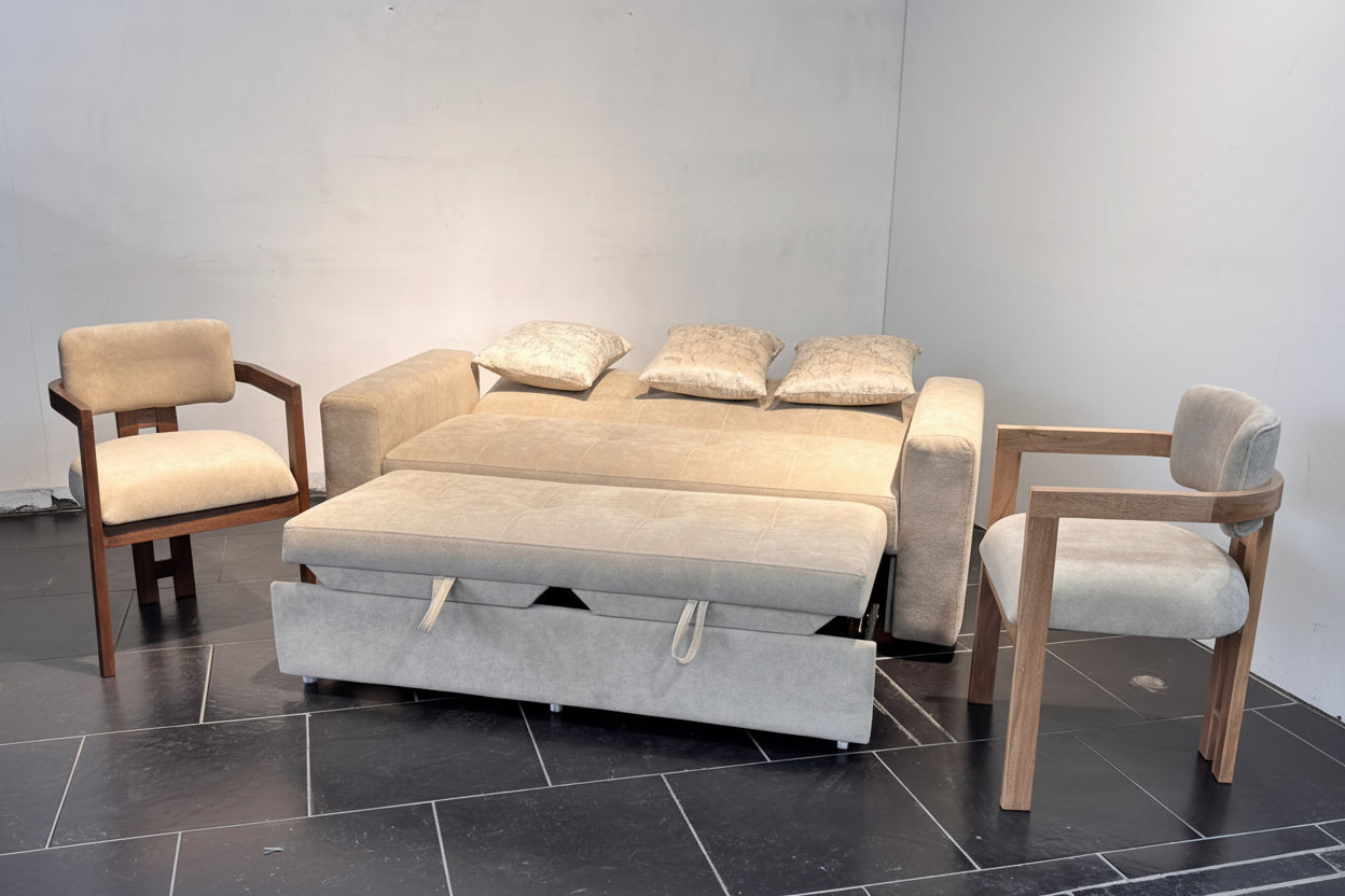 SOFA CAMA MADEIRA CON SILLAS AUXILIARES EN ROBLE