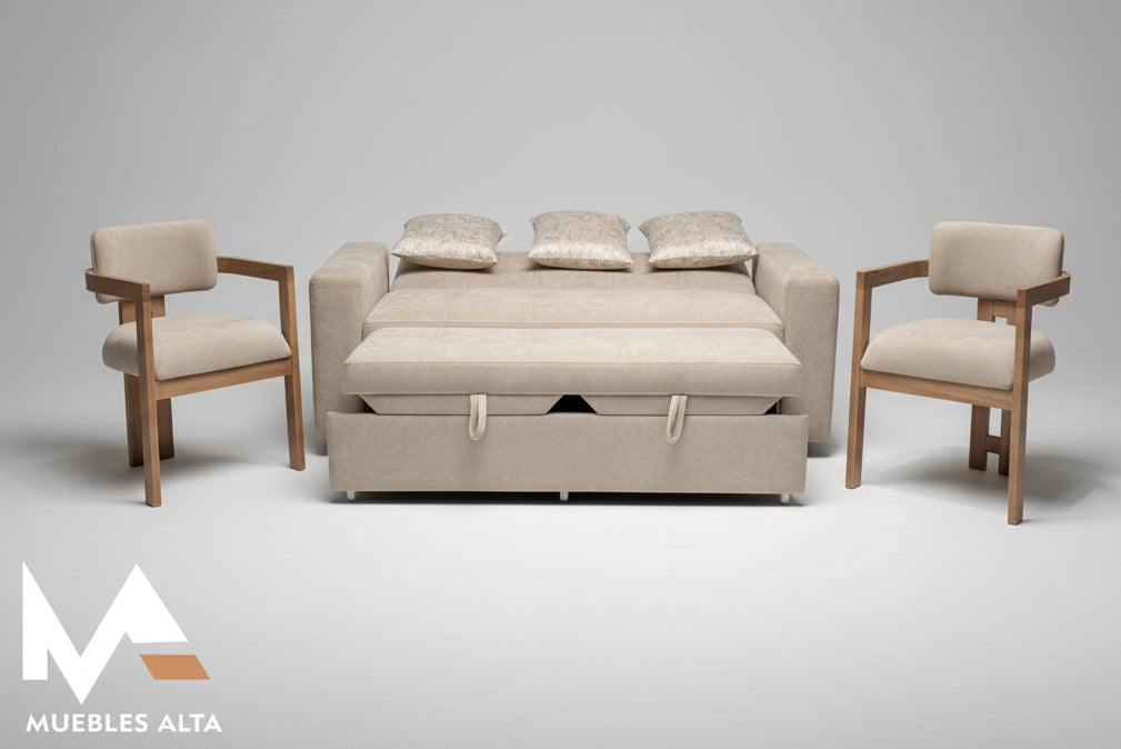 SOFA CAMA MADEIRA CON SILLAS AUXILIARES EN ROBLE